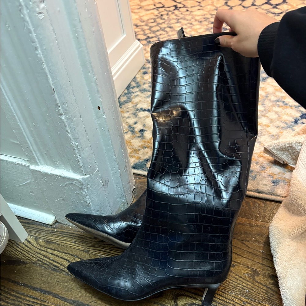 Black Croc-Embossed Heeled Boots